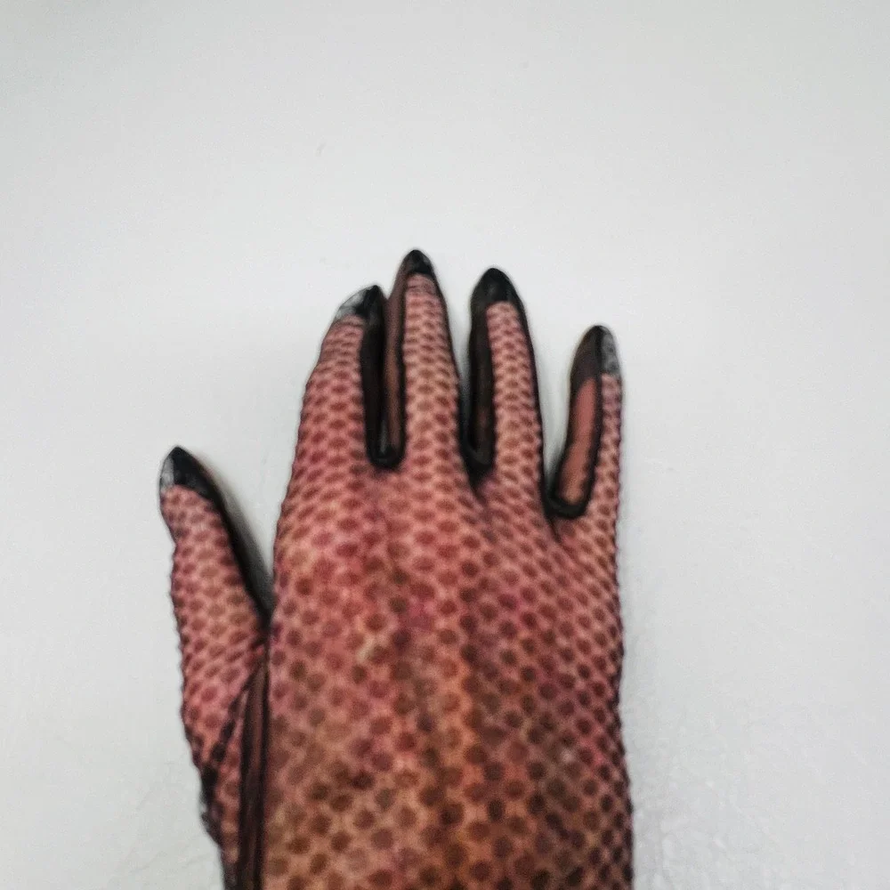Vintage Womens Brown Sheer Mesh Polka Dot Ruffle Cuff Formal Dress Gloves